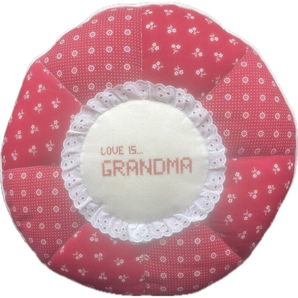 VTG Round Cross Stitch LOVE IS GRANDMA Quilted Lace Reversible Pillow‎ 18”